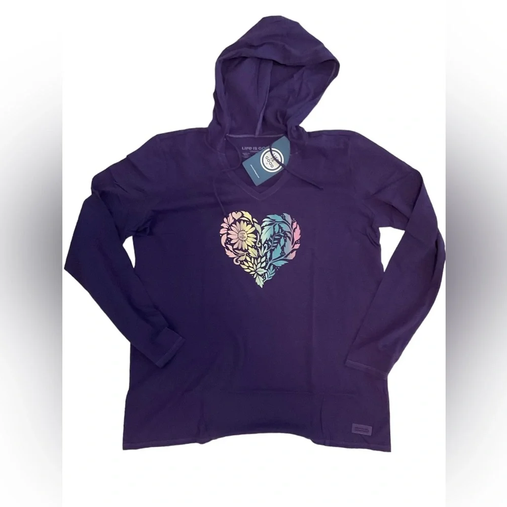 NWT LIFE IS GOOD Floral Rainbow Heart Long Sleeve Crusher-LITE Hooded Tee - Picture 5 of 7